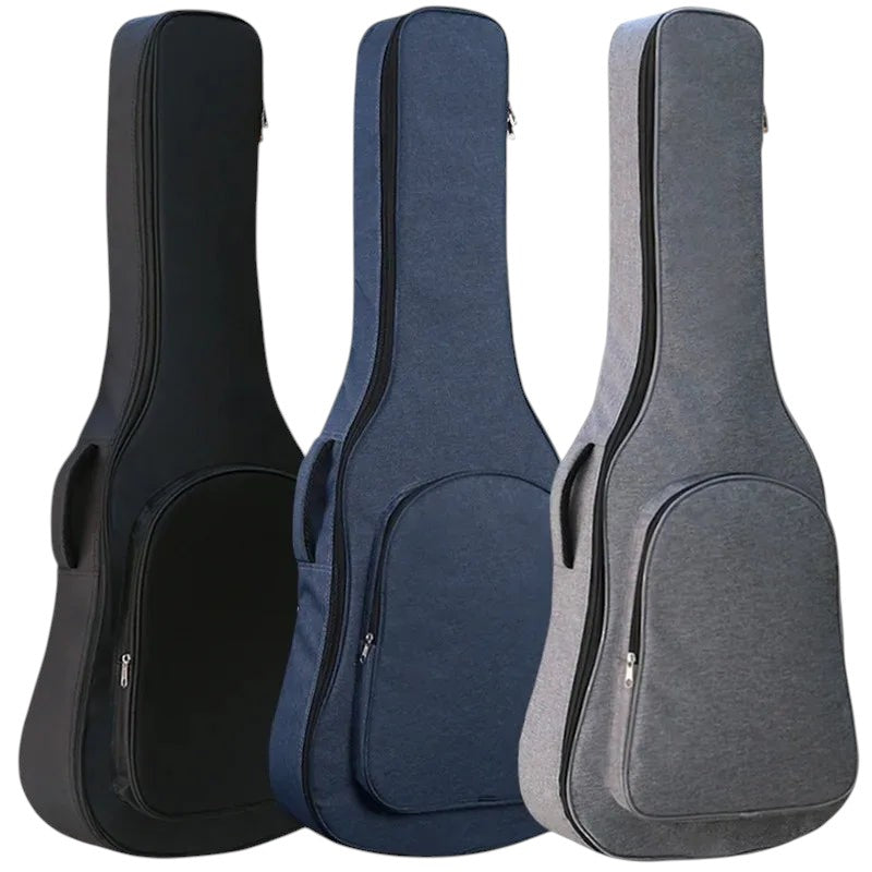 COMFORTH padded guitar gig bag in black, navy blue, and grey. Water-resistant fabric with carrying handle and accessory pocket.