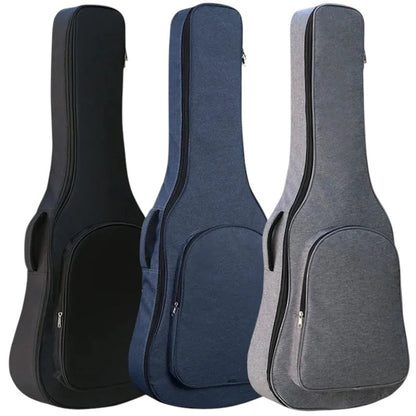 COMFORTH padded guitar gig bag in black, navy blue, and grey. Water-resistant fabric with carrying handle and accessory pocket.