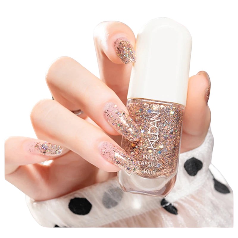 COMFORTH water-based peel off nail polish in rose gold glitter. 10ml bottle shown on a hand with matching glitter nails.