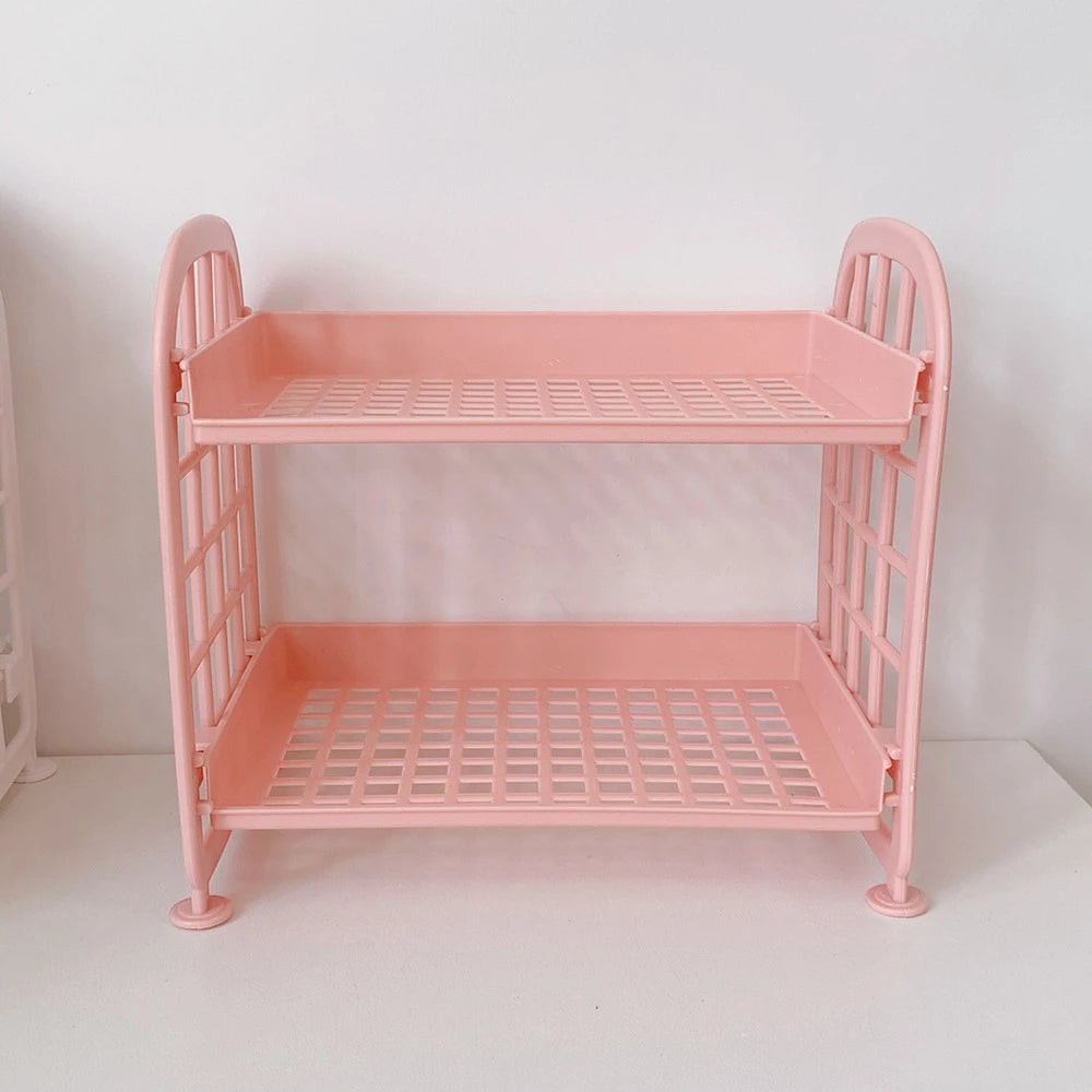 COMFORTH pink plastic two-tier desk organizer shelf with bed-frame inspired design