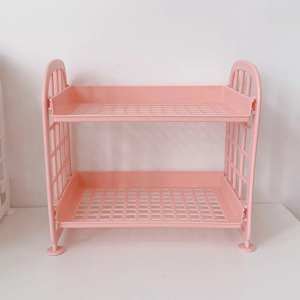 COMFORTH pink plastic two-tier desk organizer shelf with arched top and grid shelves