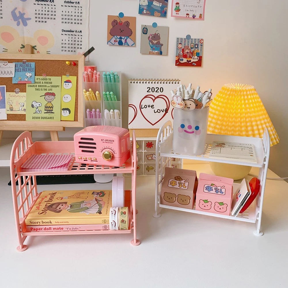 COMFORTH pink two-tier plastic desk organizer shelf with bed-frame design, perfect for stationery and cosmetics.