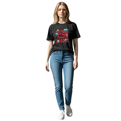 COMFORTH black cotton blend t-shirt with Pizza Planet graphic featuring aliens, pizza slice, and promotional text.