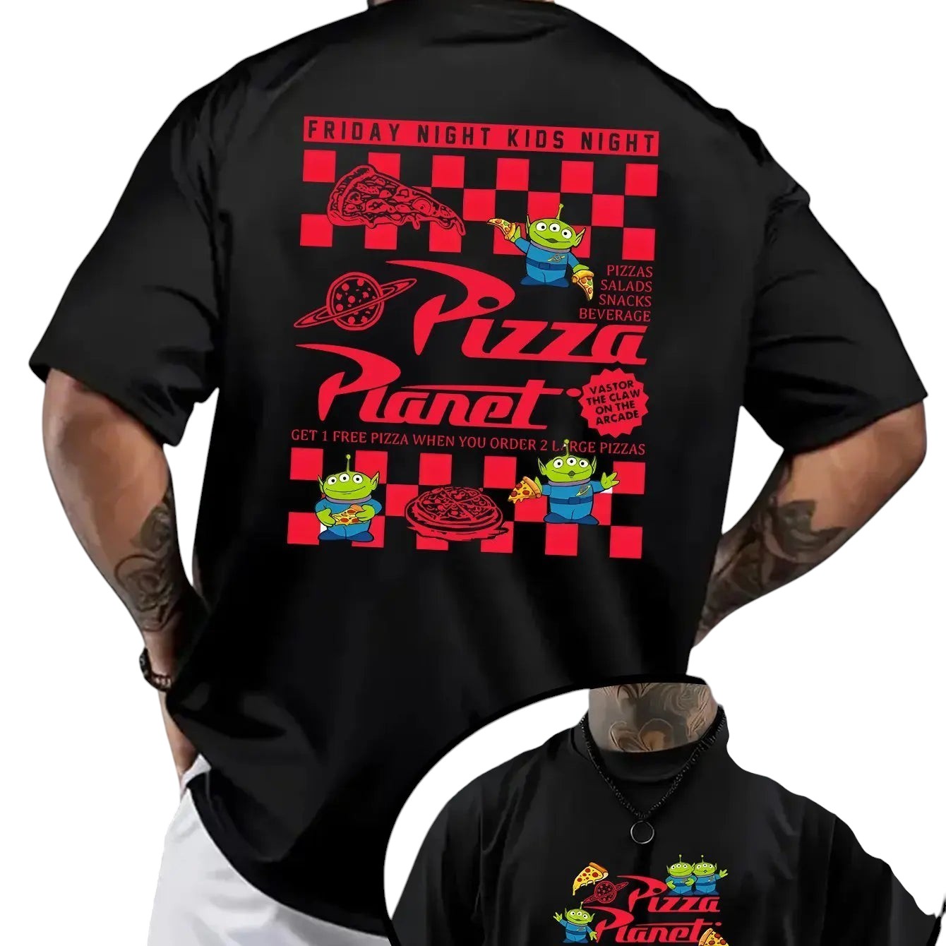 COMFORTH black cotton blend t-shirt with Pizza Planet graphic, featuring Toy Story aliens, pizza slice, and promotional text.