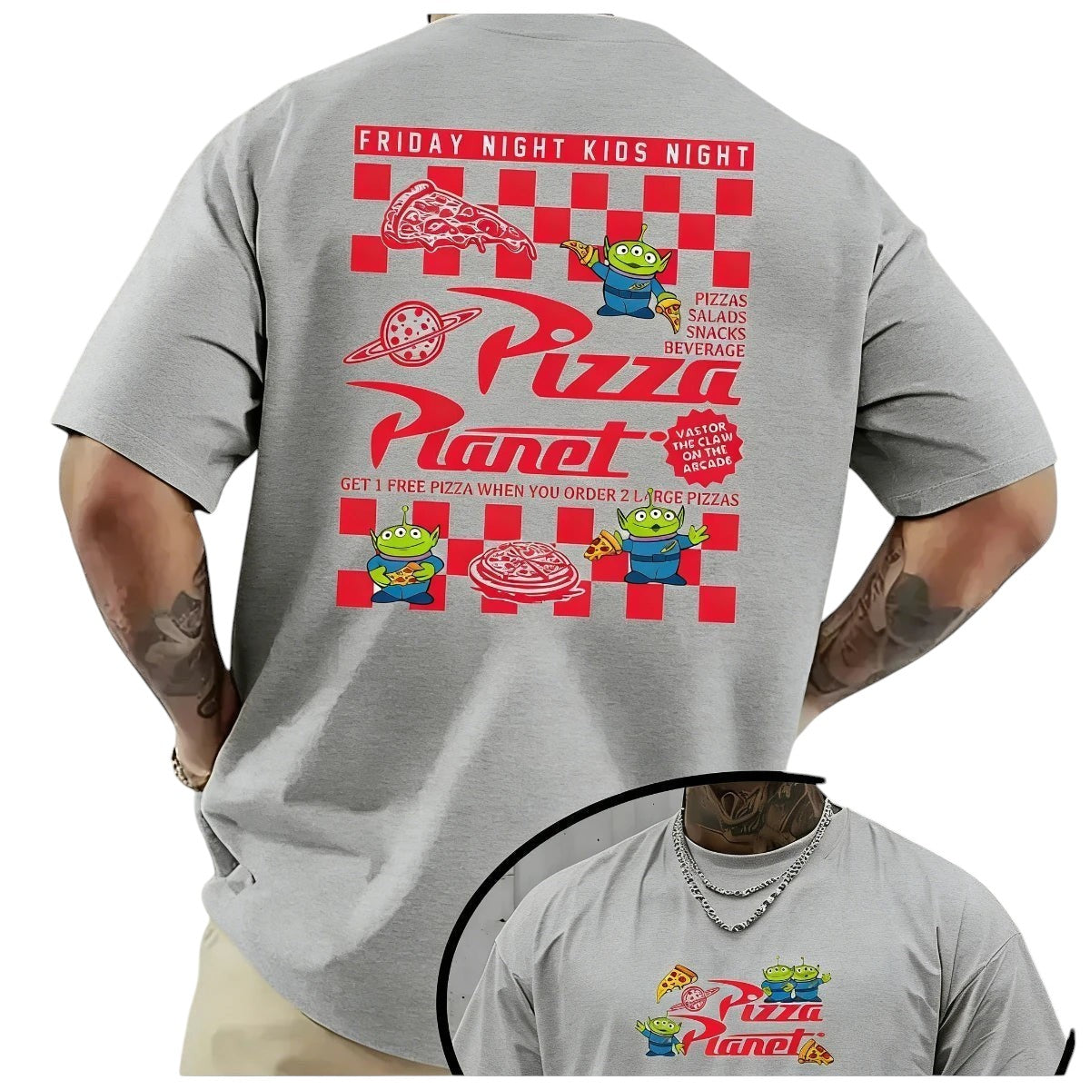 COMFORTH grey cotton blend t-shirt with Pizza Planet graphic, featuring Toy Story aliens and pizza.