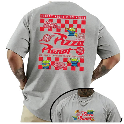 COMFORTH grey cotton blend t-shirt with Pizza Planet graphic, featuring Toy Story aliens and pizza.