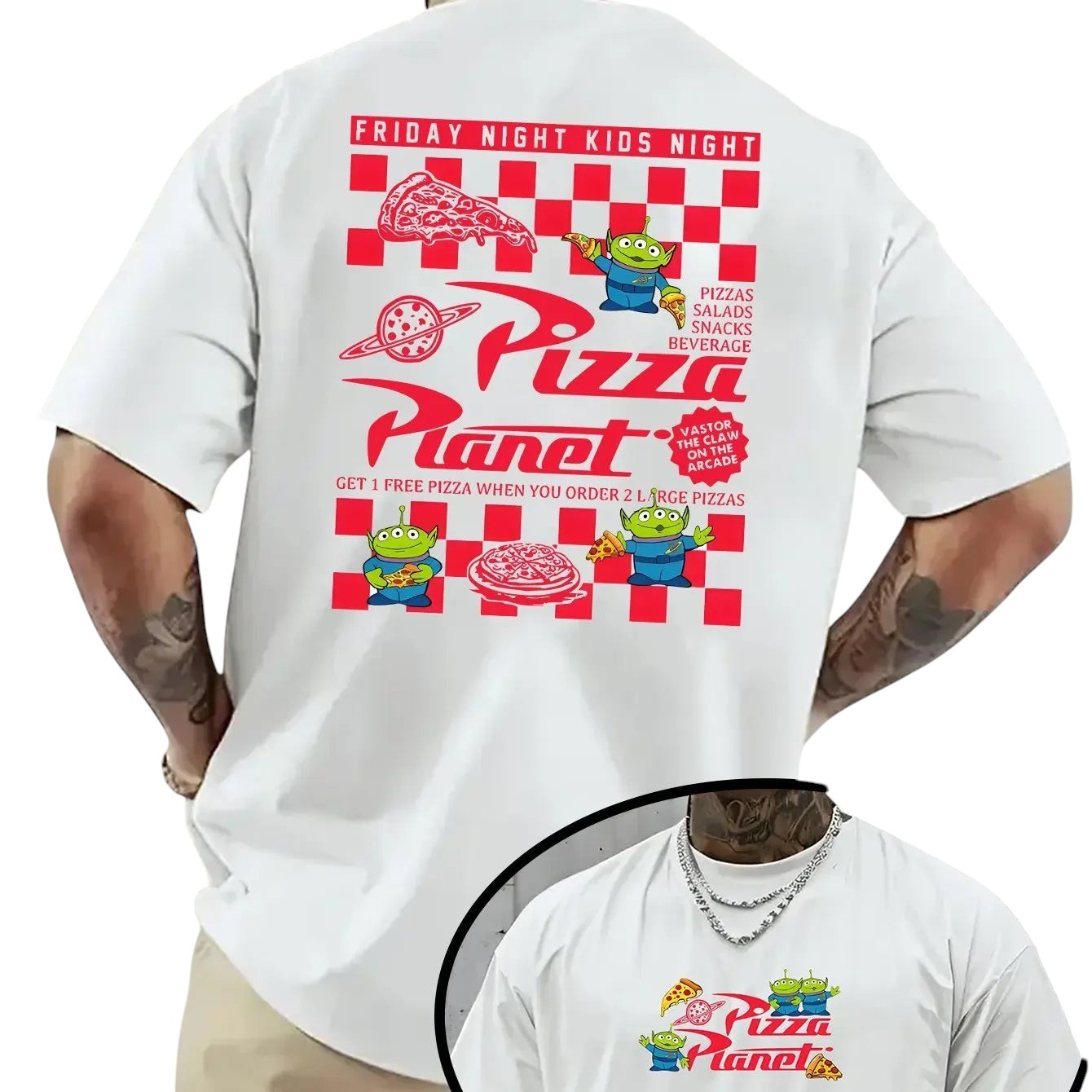 COMFORTH white cotton blend t-shirt with Pizza Planet graphic, Toy Story aliens, pizza slice, and promotion text.