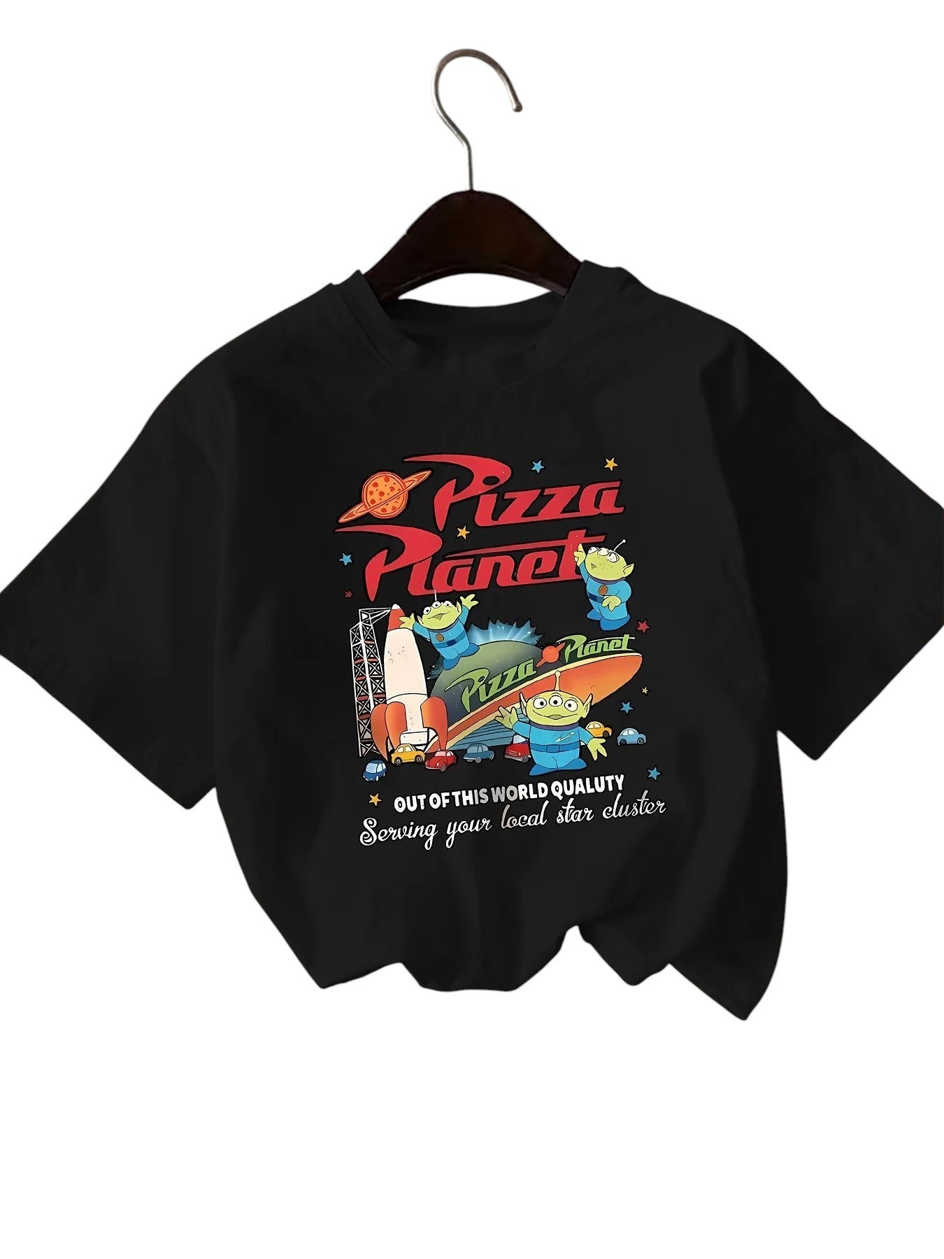 COMFORTH black cotton short sleeve t-shirt with a "Pizza Planet" graphic featuring aliens, a rocket, and text.