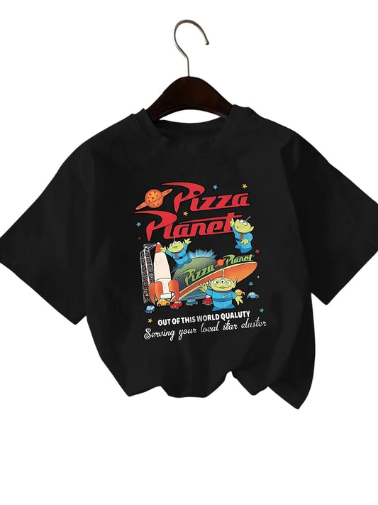 COMFORTH black cotton short sleeve t-shirt with a "Pizza Planet" graphic featuring aliens, a rocket, and text.