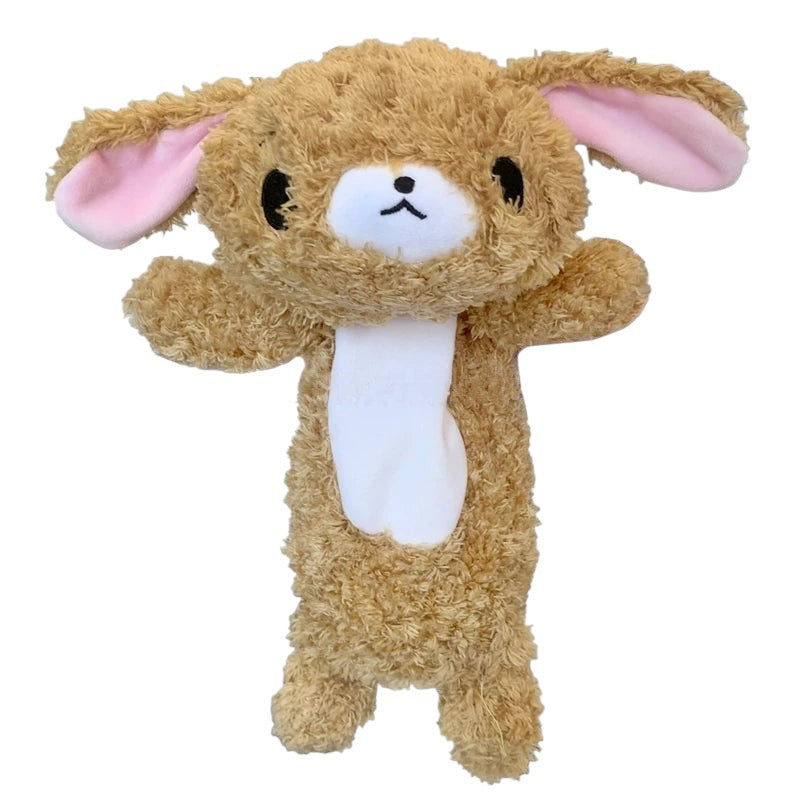 COMFORTH plush brown bunny pencil case with pink ears and white belly, embroidered face, and floppy arms.