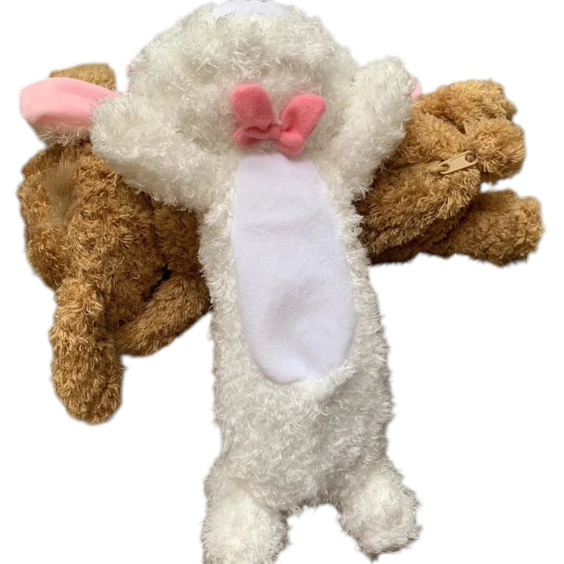 COMFORTH plush animal pencil cases in white with pink bow and brown teddy bear design, made of soft plush material.