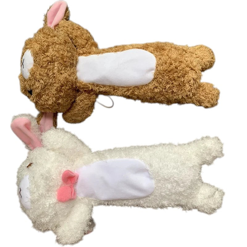 COMFORTH plush animal pencil cases in white with pink bow and brown, featuring embroidered faces and soft plush material.