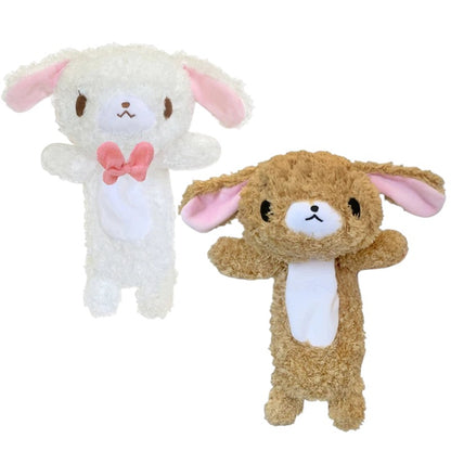 COMFORTH plush animal pencil cases in white with pink bow and brown, soft fuzzy material, cute embroidered faces, and floppy ears.