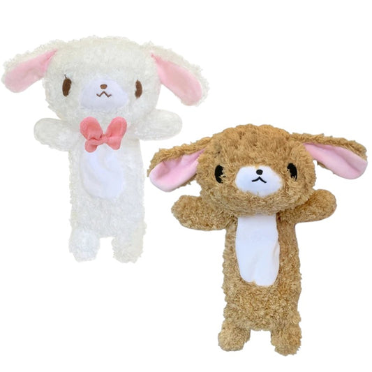 COMFORTH plush animal pencil cases in white with pink bow and brown, soft fuzzy material, cute embroidered faces, and floppy ears.