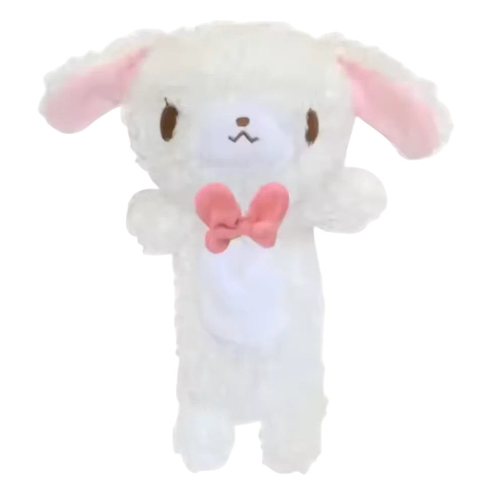 COMFORTH plush white animal pencil case with pink bow and floppy ears, soft and functional for stationery.