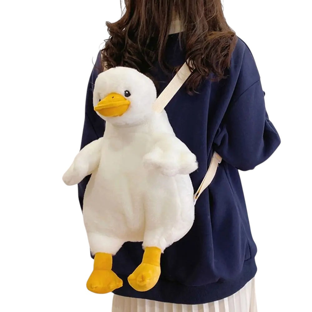 COMFORTH white plush duck backpack with yellow beak and feet, adjustable straps, for kids and adults.