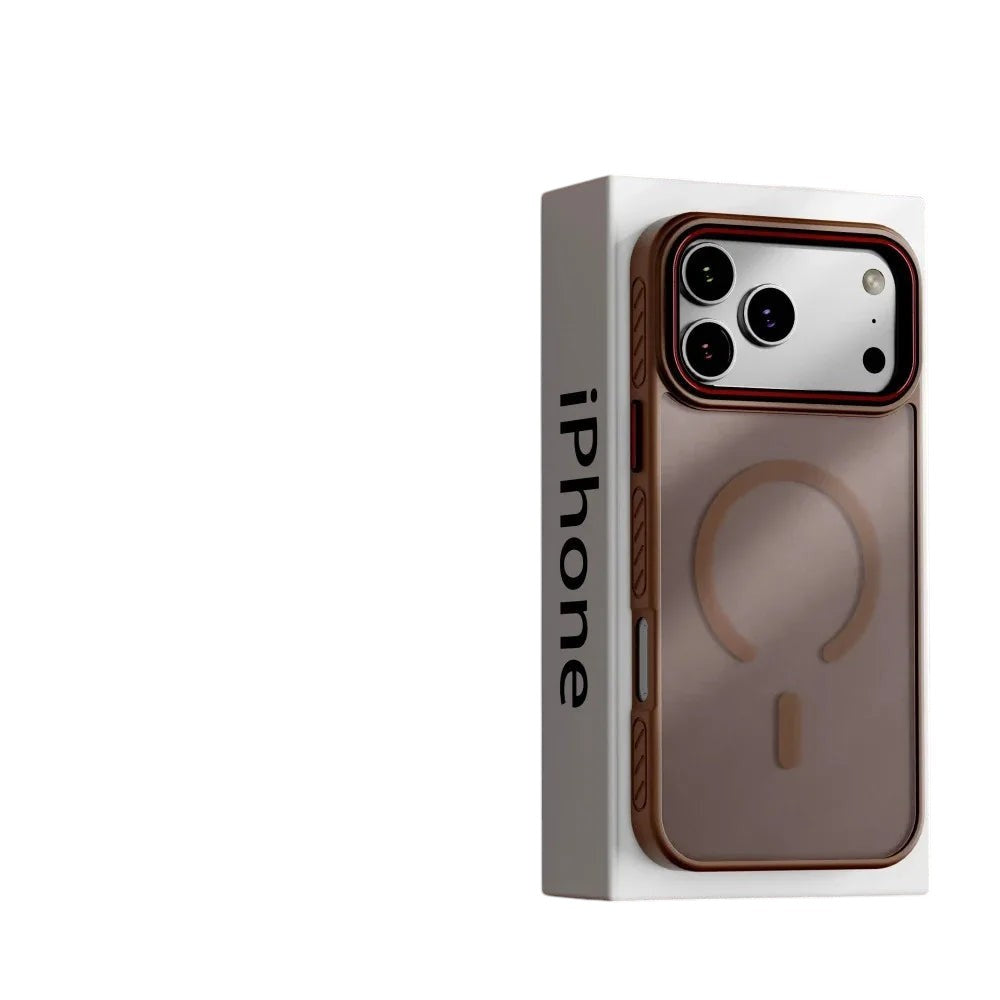 COMFORTH protective phone case with magnetic ring for iPhone, brown translucent material with raised camera bezel.