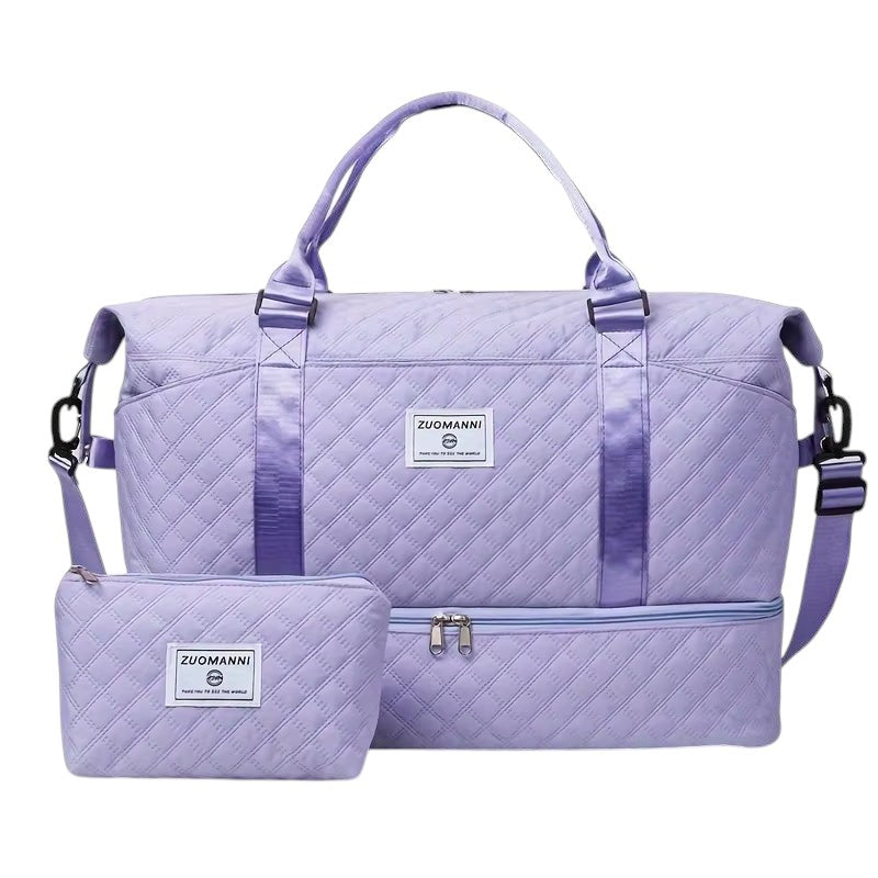 COMFORTH Quilted Duffel Bag in lavender with matching pouch, featuring diamond quilting and a separate bottom compartment.