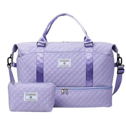 COMFORTH Quilted Duffel Bag in lavender with matching pouch, featuring diamond quilting and a separate bottom compartment.