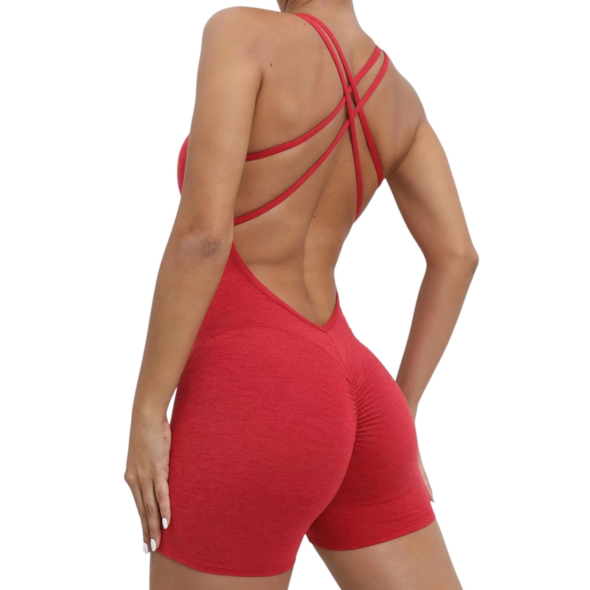 COMFORTHere's a red athletic bodysuit with an open back and crisscross straps, featuring a ruched butt.