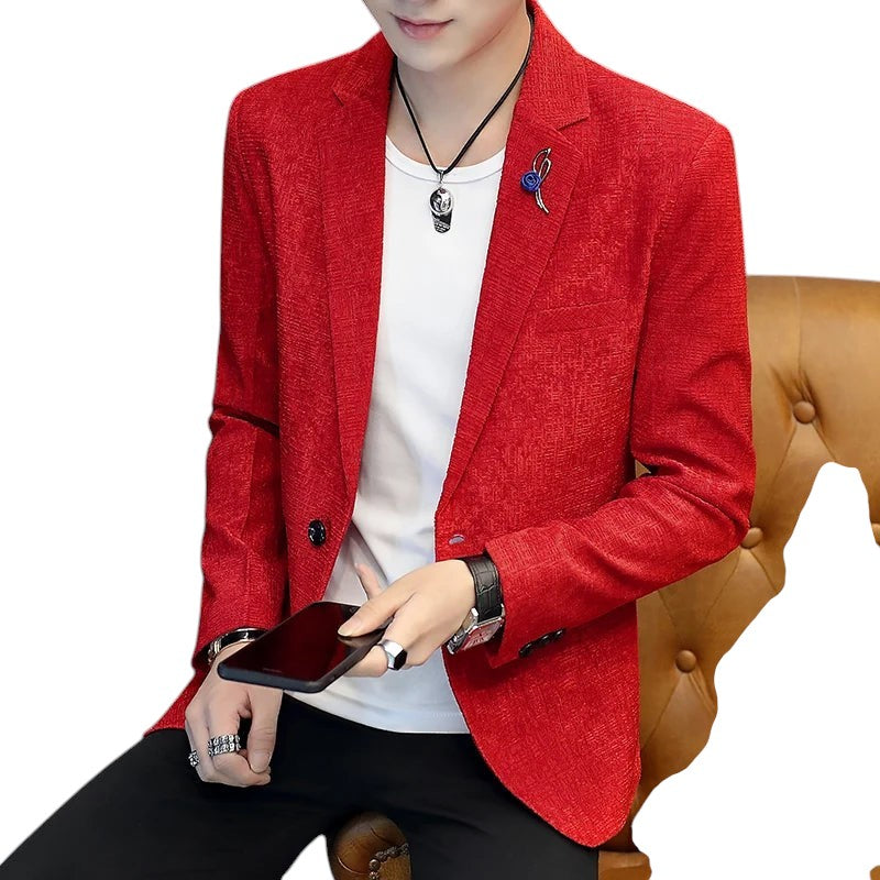 COMFORTH Men's red textured blazer jacket with single-button closure and notched lapel.