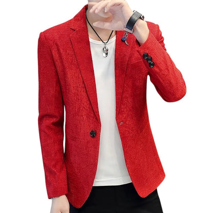 COMFORTH Men's red textured blazer jacket with single-button closure and notched lapel.