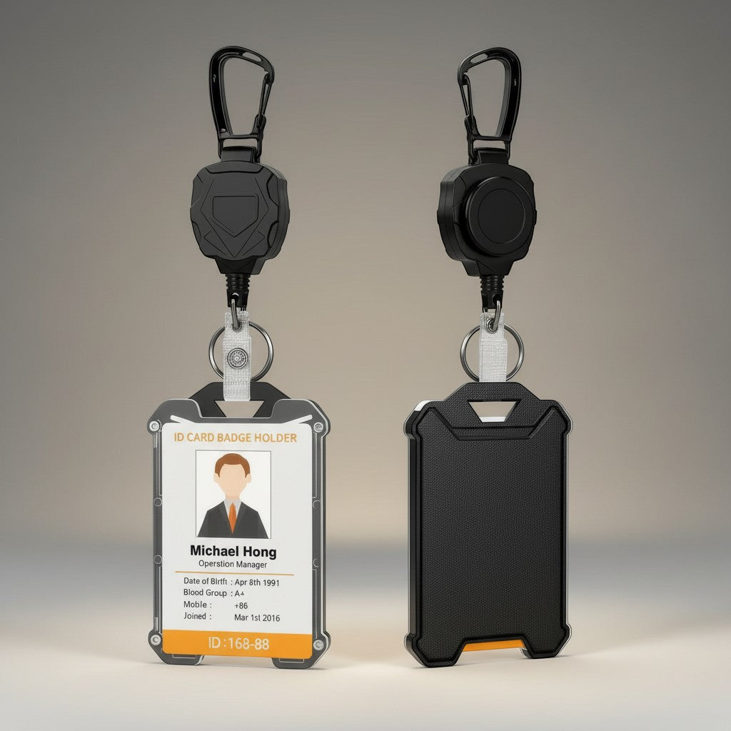 COMFORTH retractable ID card badge holder with carabiner clip, clear front, black durable casing, and orange accents.