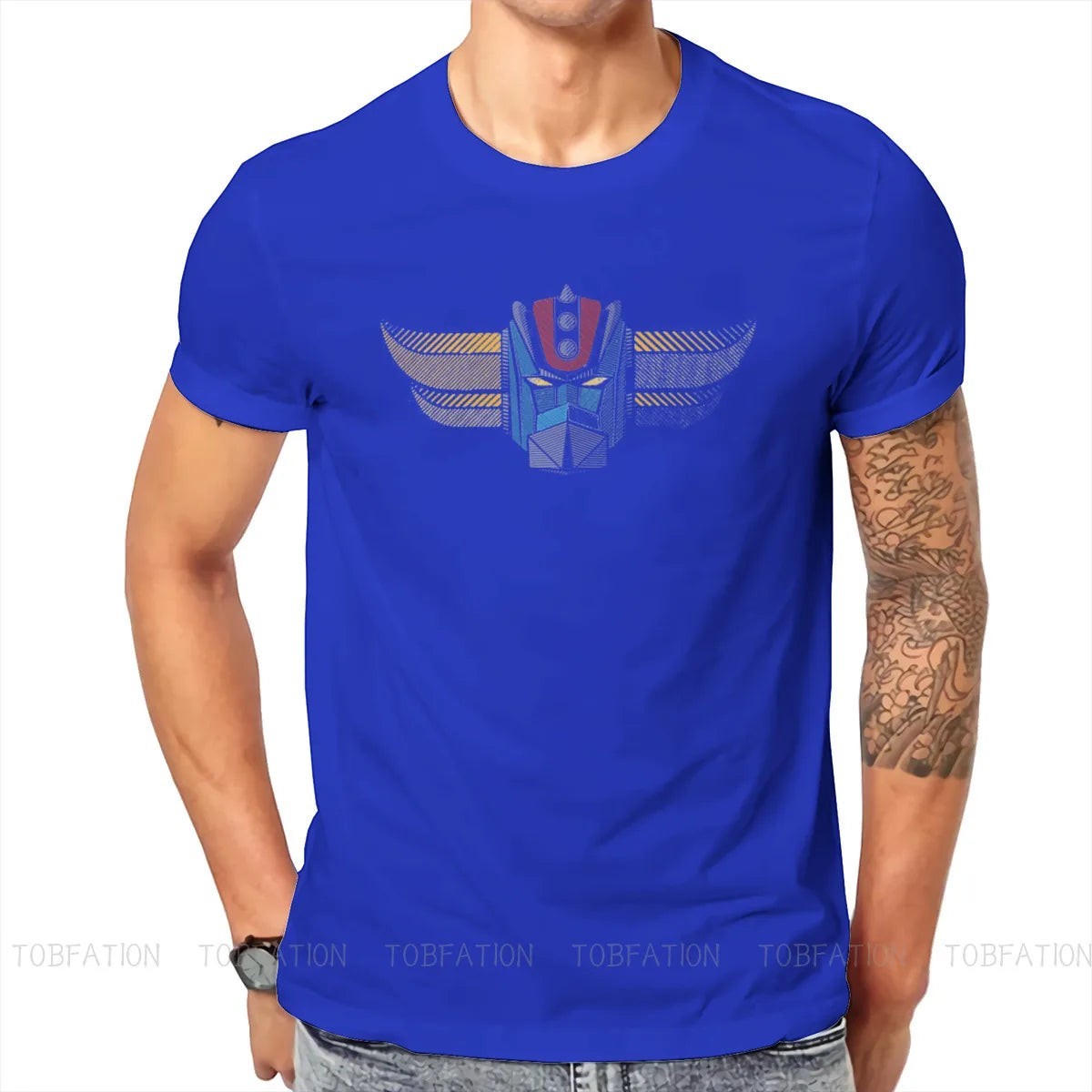 COMFORTH blue cotton t-shirt with retro robot head graphic in blue, red, and yellow. Short sleeves, crew neck.