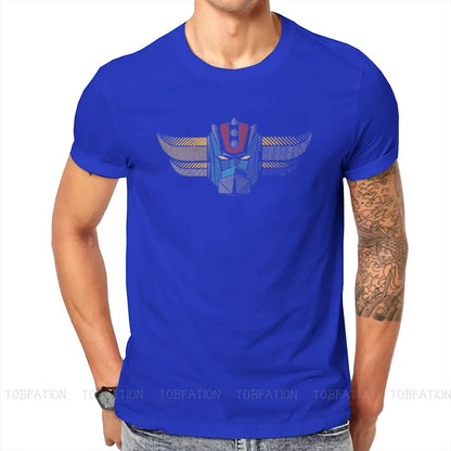 COMFORTH blue cotton t-shirt with retro robot head graphic in blue, red, and yellow. Short sleeves, crew neck.