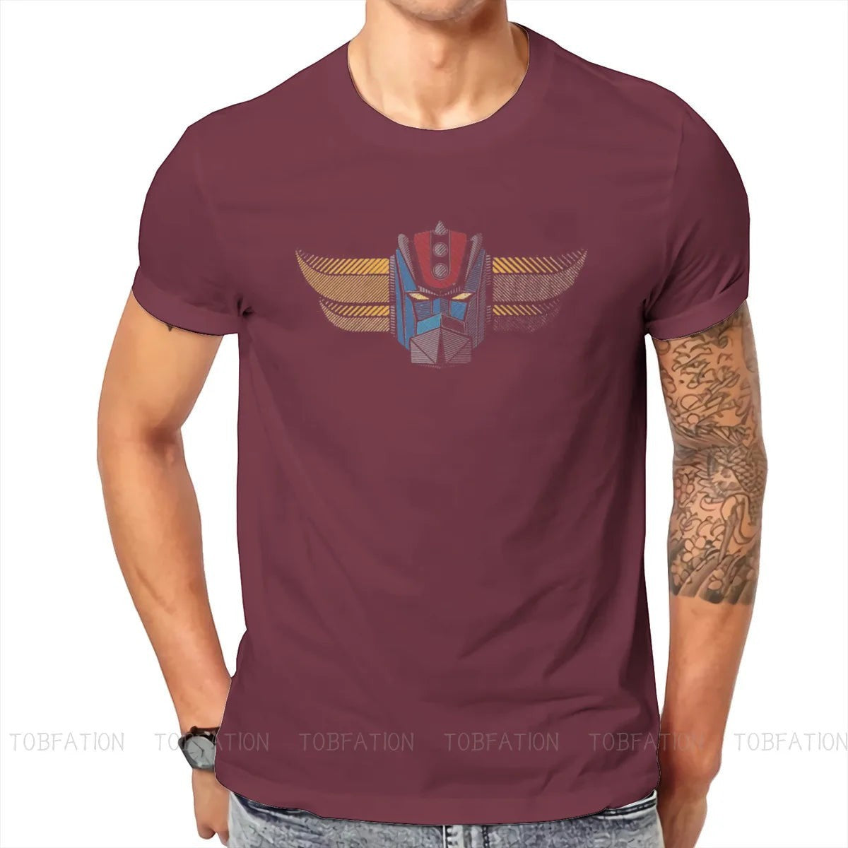 COMFORTH burgundy cotton t-shirt with a retro robot head graphic in blue, red, and yellow.