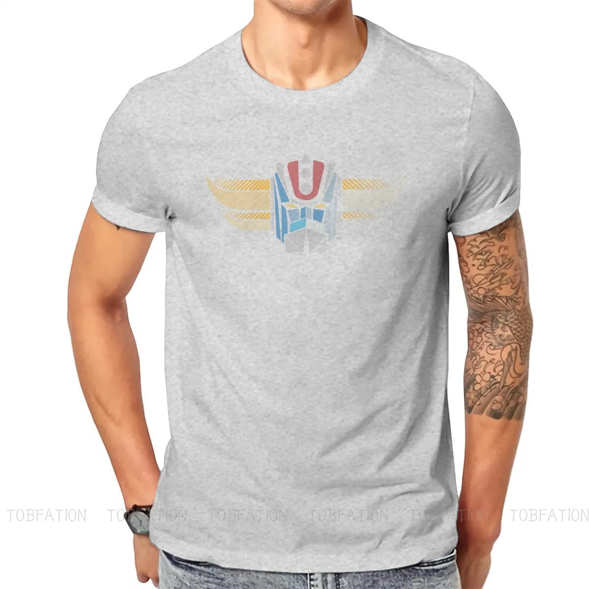 COMFORTH grey cotton t-shirt with retro robot head graphic in blue, red, and yellow