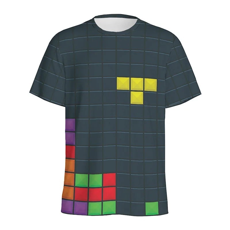 COMFORTH dark navy t-shirt with all-over pixelated Tetris blocks graphic print, short sleeves, crew neck.