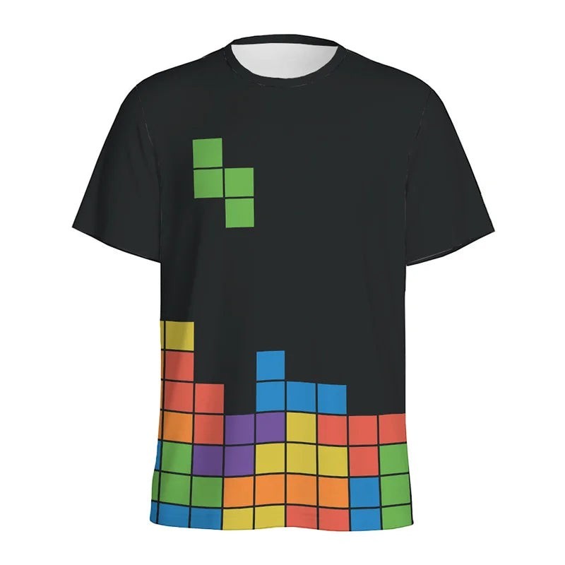 COMFORTH black t-shirt with a retro pixelated Tetris-style block graphic print. Short sleeves, crew neck.
