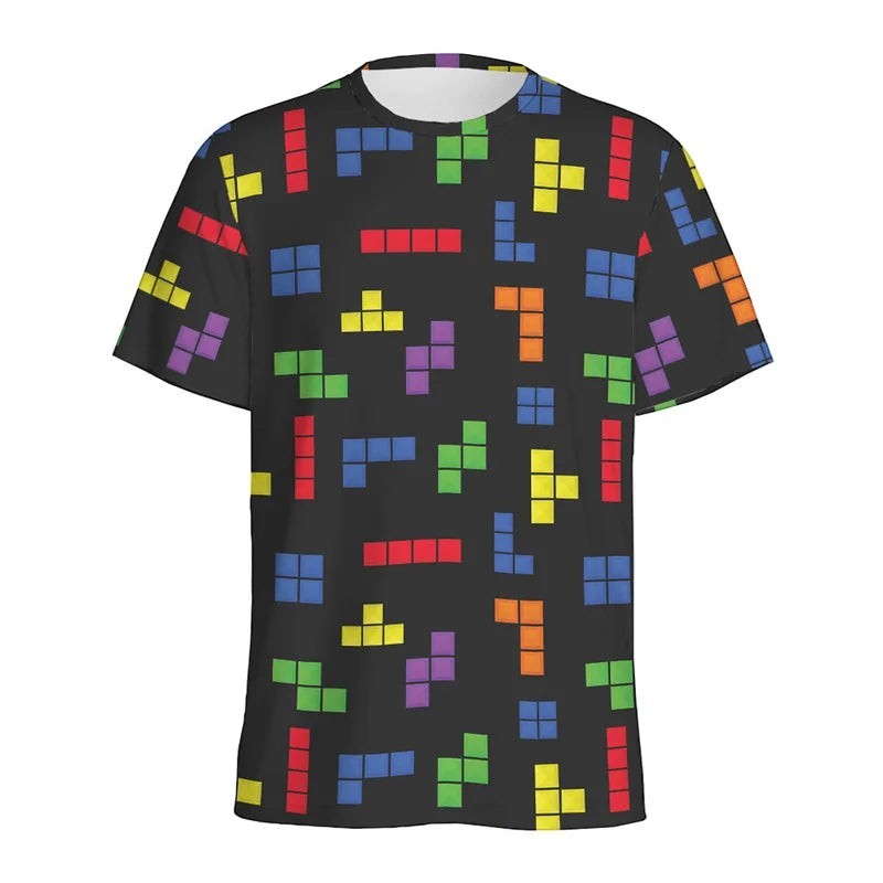 COMFORTH black t-shirt with all-over print of colorful Tetris blocks. High-elasticity fabric.
