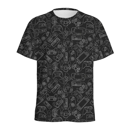 COMFORTH black t-shirt with all-over print of white retro video game controllers and consoles.