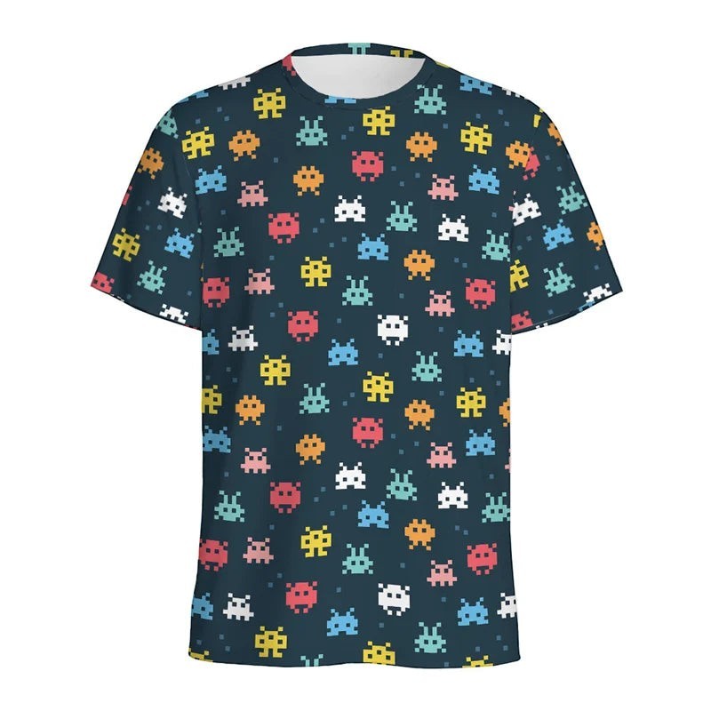 COMFORTH dark navy t-shirt with all-over pixelated alien invaders graphic print in multiple colors.