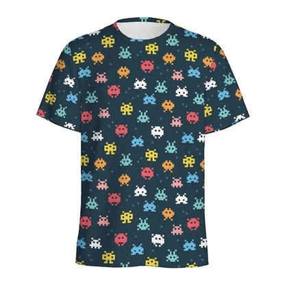 COMFORTH dark navy t-shirt with all-over pixelated alien invaders graphic print in multiple colors.