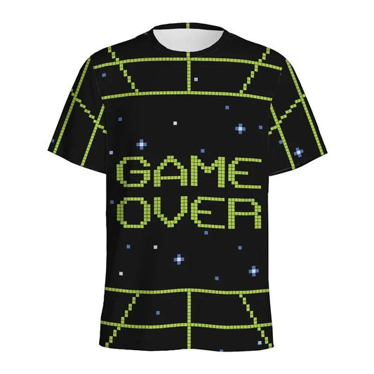 COMFORTH black t-shirt with "GAME OVER" in pixelated green text and a retro video game graphic.