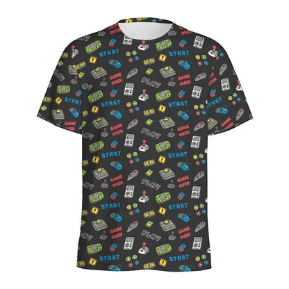 COMFORTH black t-shirt with all-over retro video game graphics including controllers, consoles, and "Game Over" text.