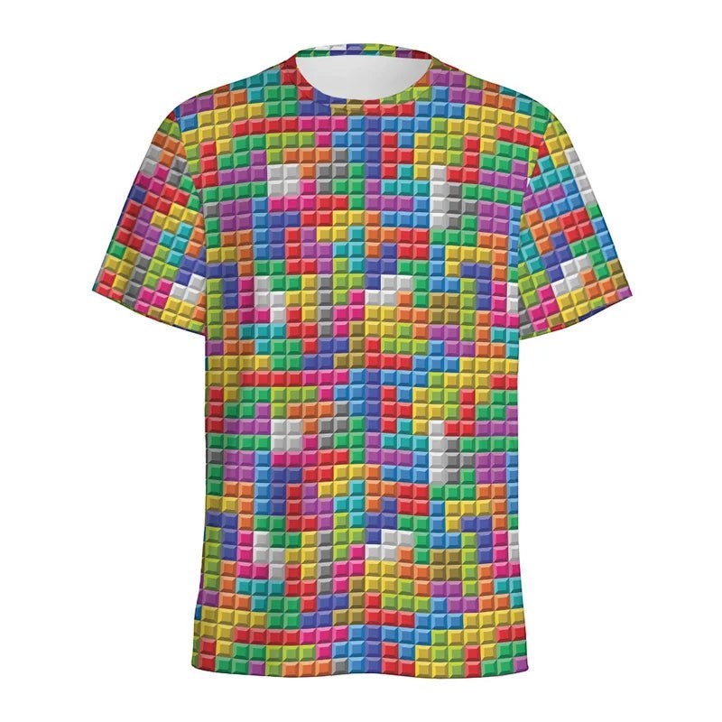 COMFORTH Men's Retro Video Game Graphic T-Shirt with all-over pixelated Tetris-like blocks in multiple colors.
