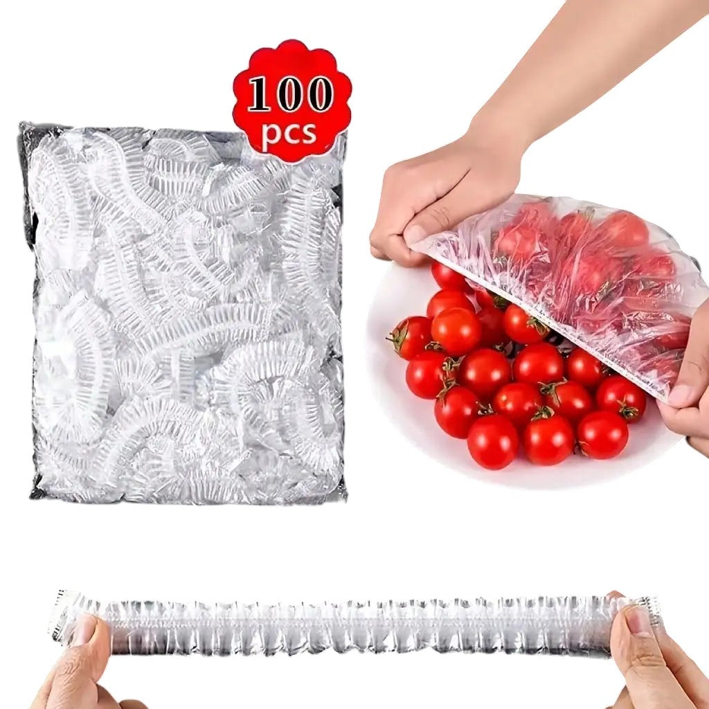 COMFORTH 100-piece pack of clear, reusable plastic food covers with elastic edges for bowls and plates.