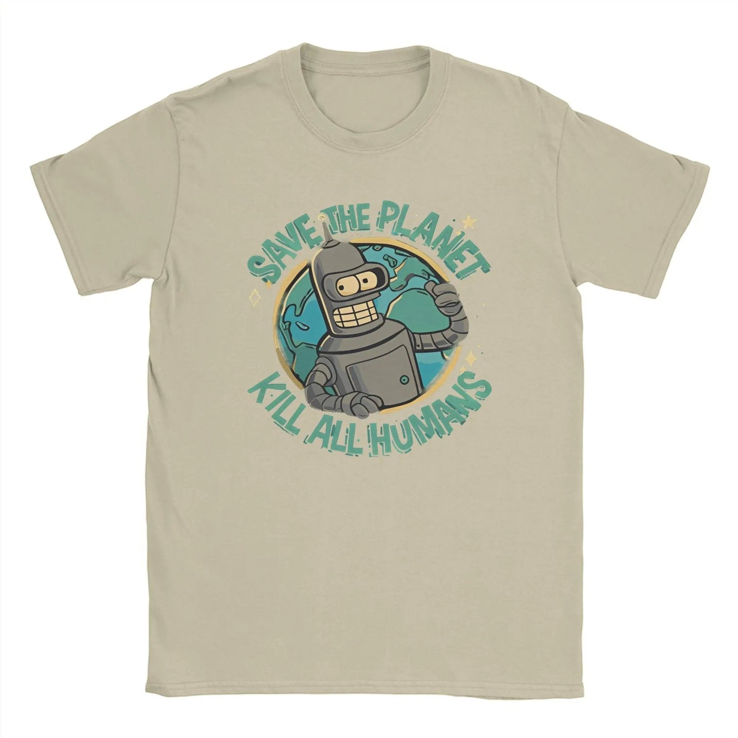 COMFORTH 'Save The Planet Kill All Humans' graphic t-shirt in sand cotton featuring a robot character holding the Earth.