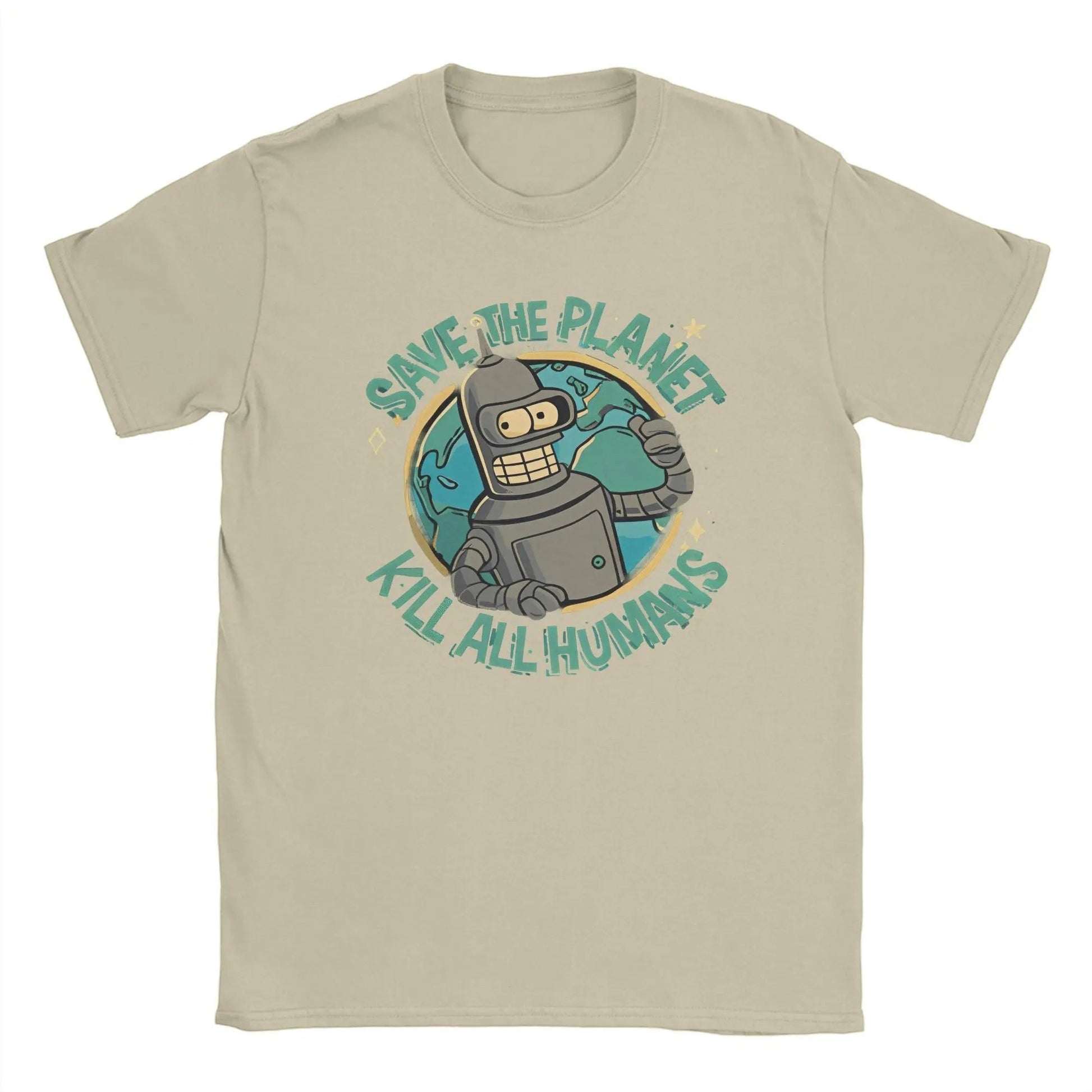 COMFORTH 'Save The Planet Kill All Humans' graphic t-shirt in sand cotton featuring a robot character holding the Earth.