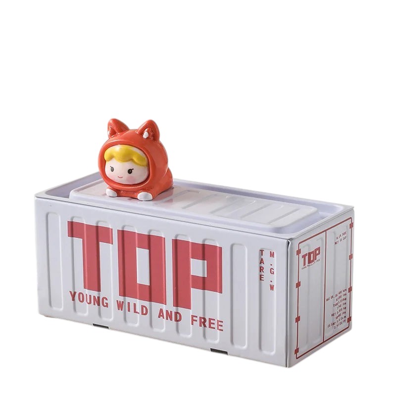 COMFORTH white metal storage container shaped like a shipping container with red "TOP" logo and a cute cartoon figure on top.