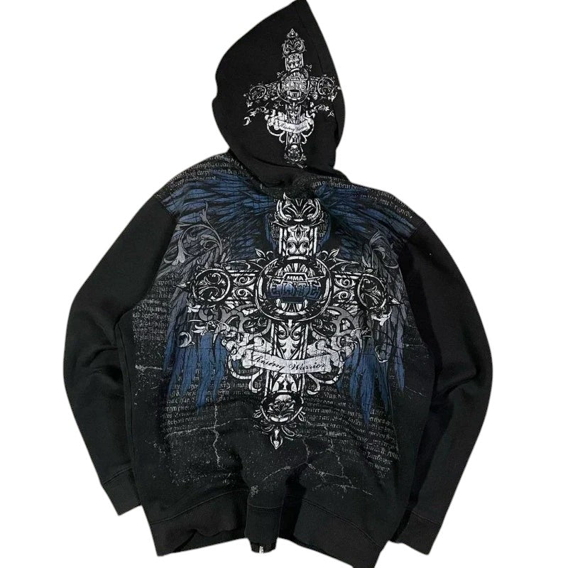 COMFORTH black zip-up hoodie with distressed skeleton and cross graphic, drawstring hood, and kangaroo pocket.