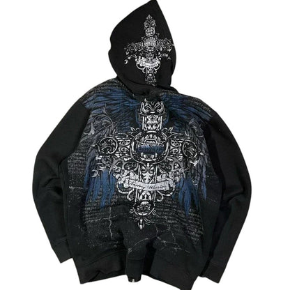 COMFORTH black zip-up hoodie with distressed skeleton and cross graphic, drawstring hood, and kangaroo pocket.