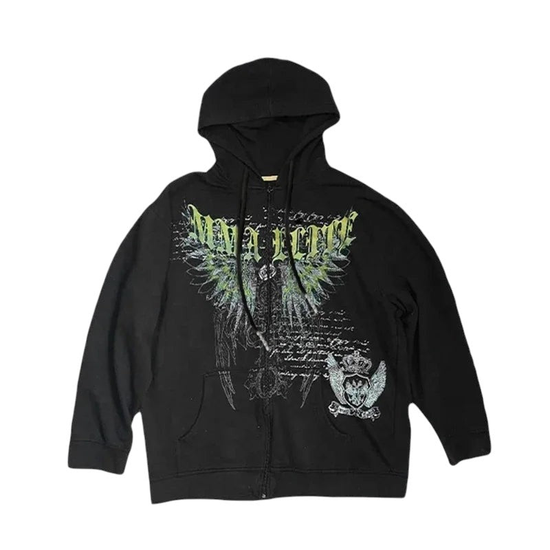 COMFORTH black zip-up hoodie with distressed skeleton graphic, wings, and crown emblem. Cotton blend.