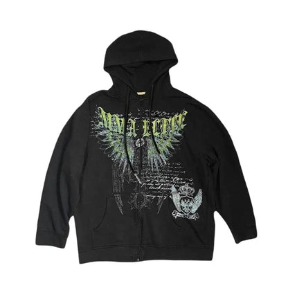 COMFORTH black zip-up hoodie with distressed skeleton graphic, wings, and crown emblem. Cotton blend.