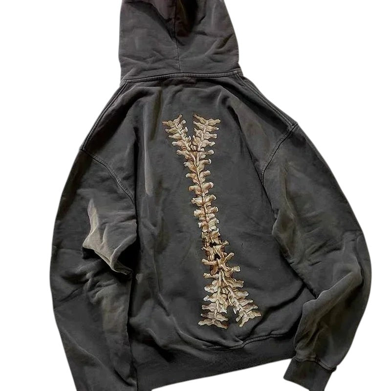 COMFORTH charcoal grey cotton blend zip-up hoodie with distressed skeleton graphic on back. Relaxed fit, drawstring hood, kangaroo pocket.