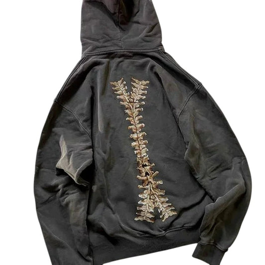 COMFORTH charcoal grey cotton blend zip-up hoodie with distressed skeleton graphic on back. Relaxed fit, drawstring hood, kangaroo pocket.